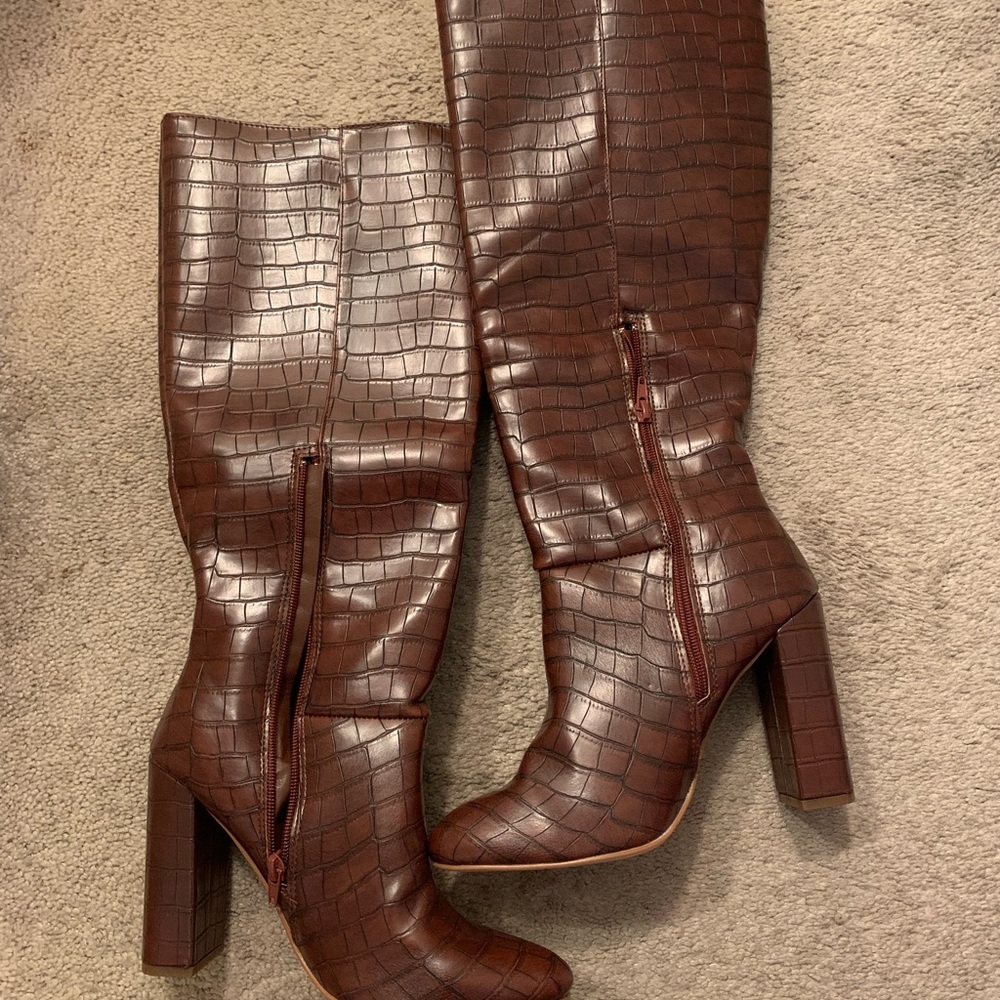Brown Croc-Embossed Knee-High Boots